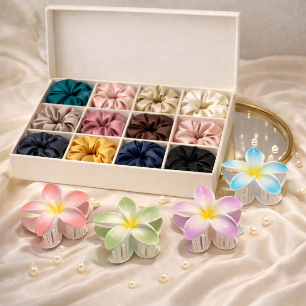 Set of colorful hair ties in a box with decorative hair clips on a soft surface.