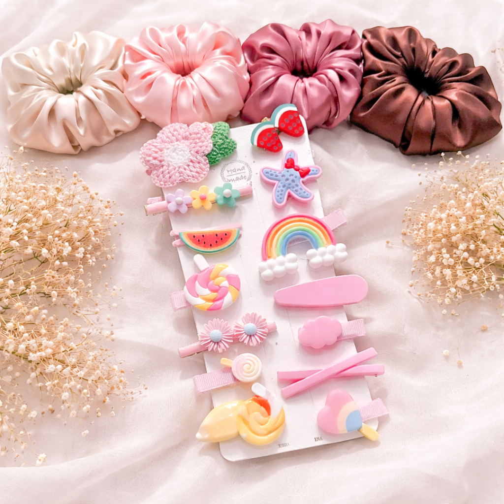 Kids 12-piece satin scrunchie and cute hair clips gift set, front view