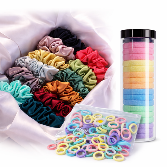 NIYAROQ Ultimate Hair Care Combo laid out with scrunchies, hair tie canister, and mini elastic bands
