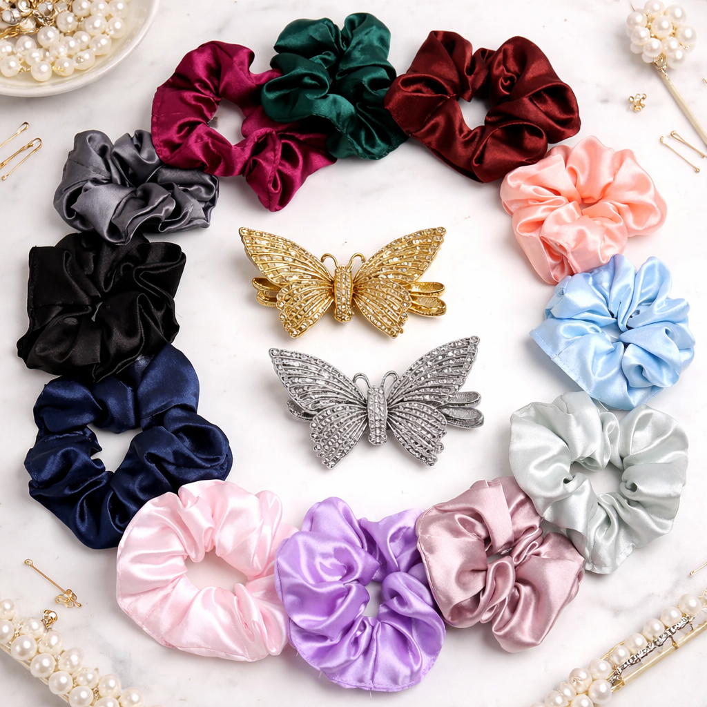 Colorful scrunchies and decorative butterflies on a white surface with jewelry items.