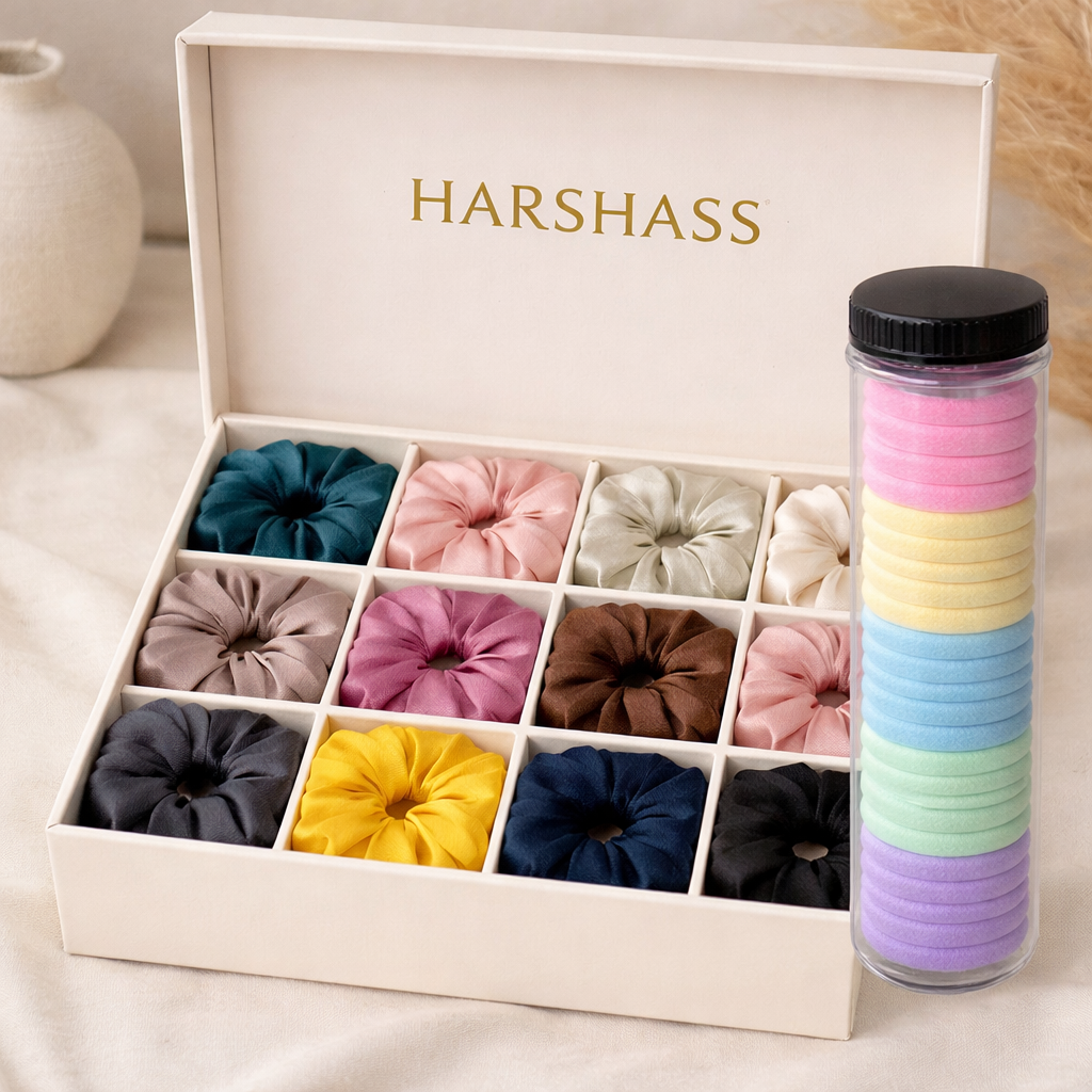 Harshass 12-colour silk scrunchie gift box, front view of the full set