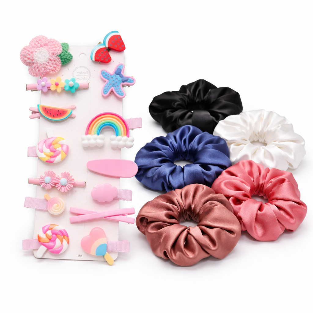 Kids satin scrunchies and decorative hair clips gift set, front view