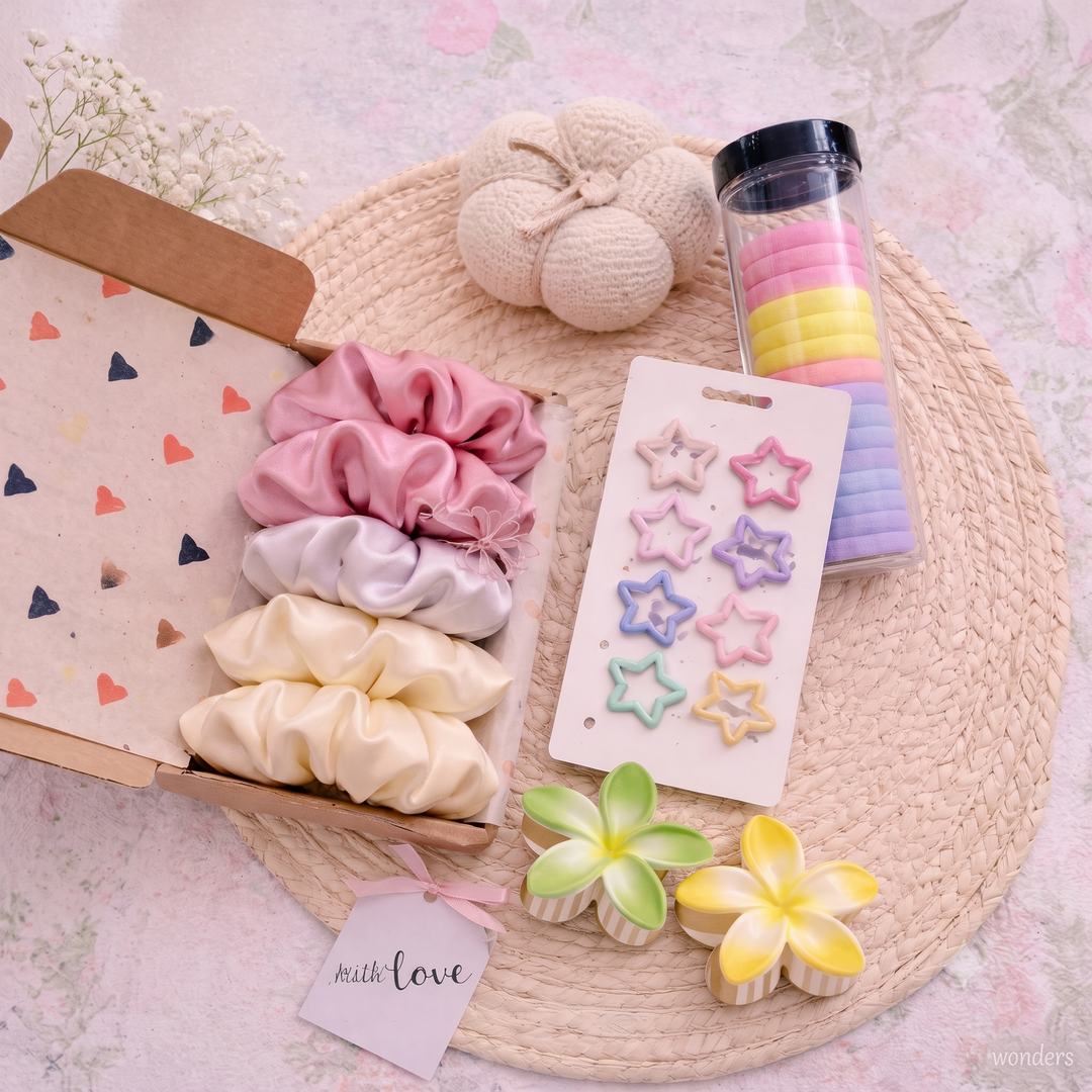 Kids Colourful Hair Ties & Scrunchie Gift Set, front view