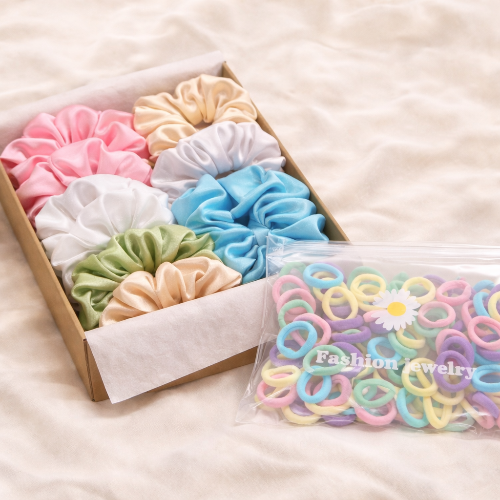 NIYAROQ pastel scrunchies and kids' mini elastic bands arranged together