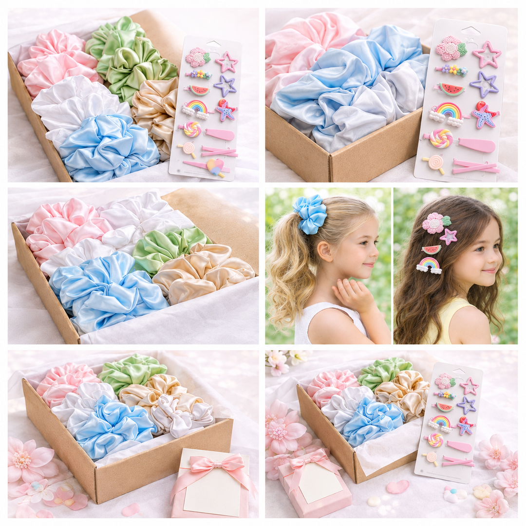NIYAROQ Pink Duo scrunchies styled on a floral flat lay