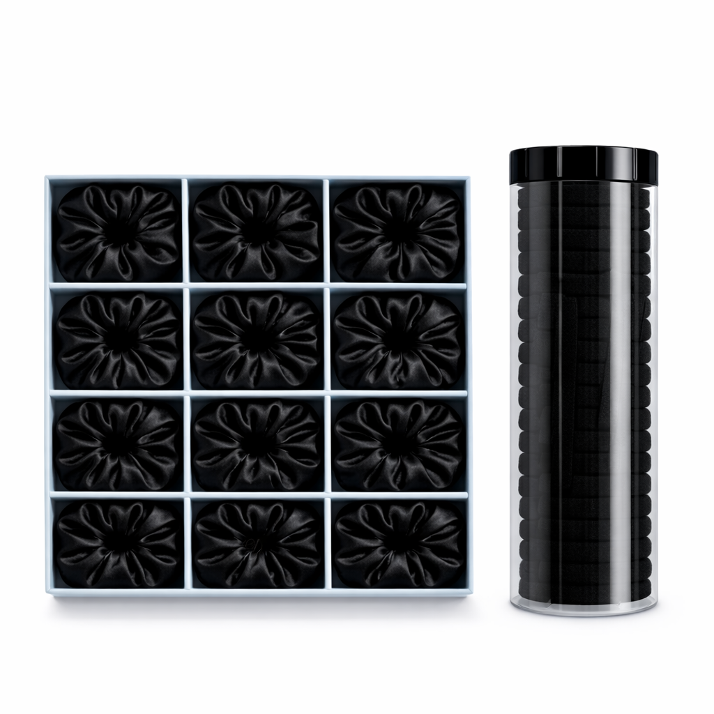 NIYAROQ black silk scrunchies and hair tie canister set in gift-ready packaging