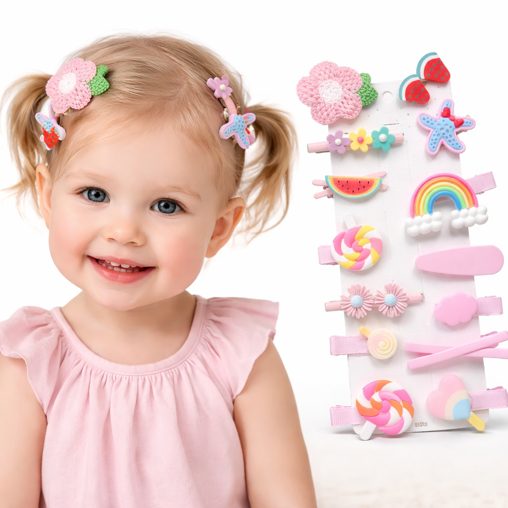 Kids pastel satin scrunchies and decorative hair clips laid out together