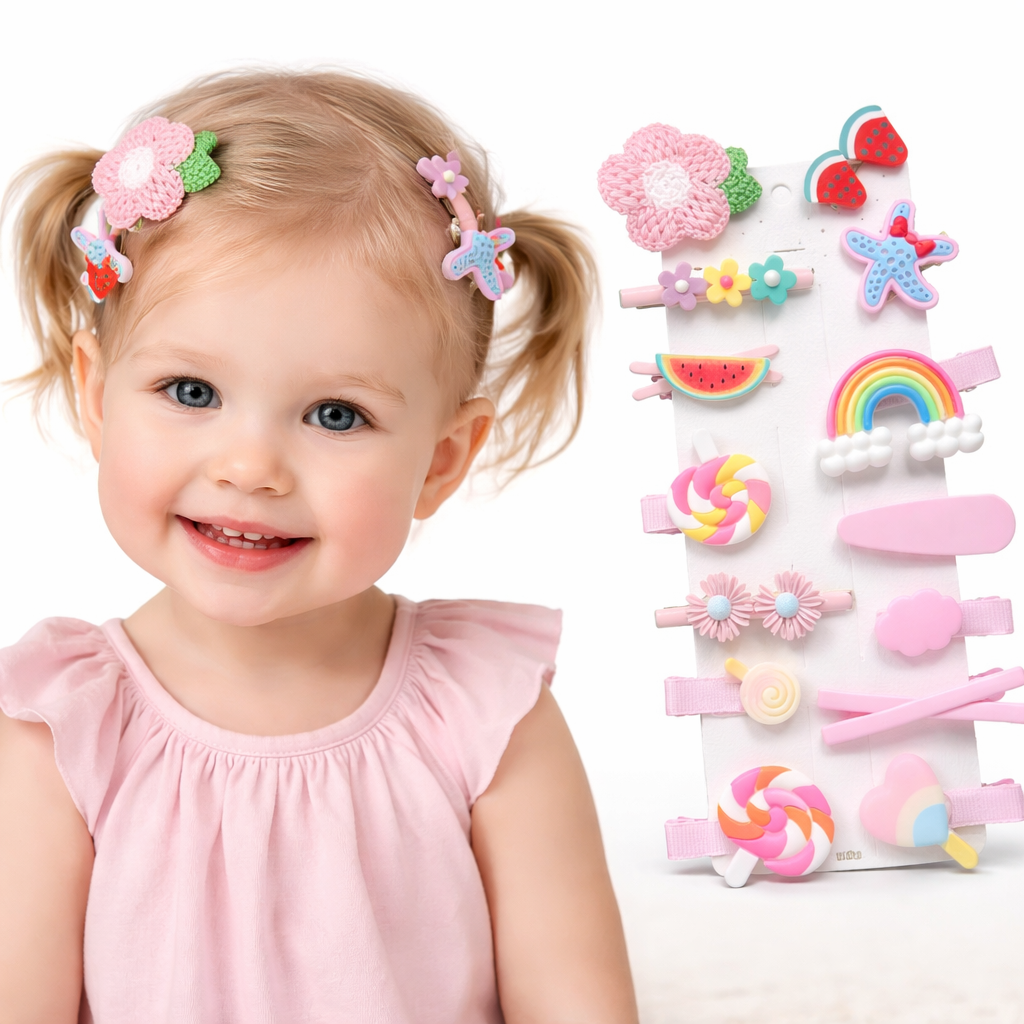 Close-up of the kids' Korean-inspired decorative hair clips