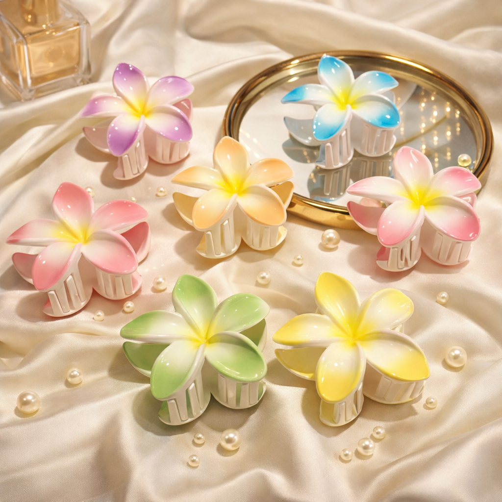 Flower-shaped hair clips on a soft fabric background with a mirror.