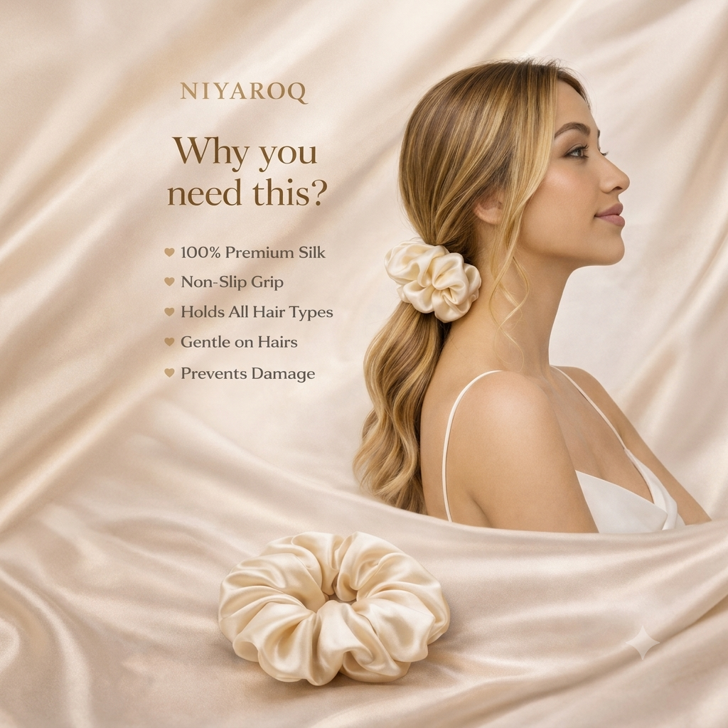 Woman with a beige scrunchie andNIYAROQ branding on a beige fabric background