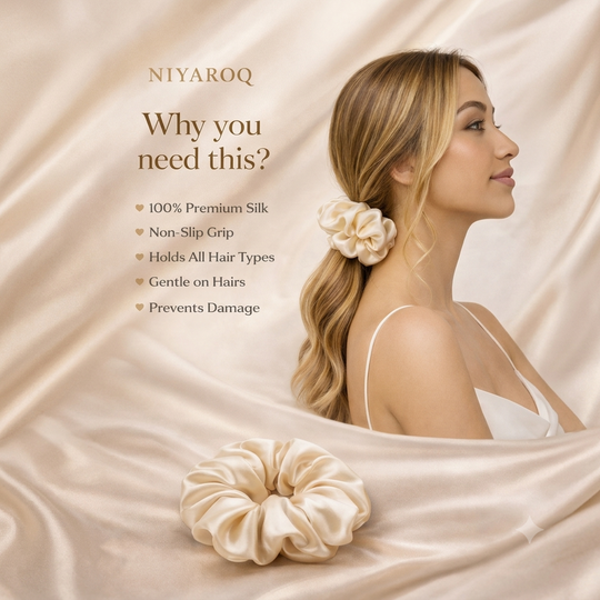Woman with a beige scrunchie andNIYAROQ branding on a beige fabric background