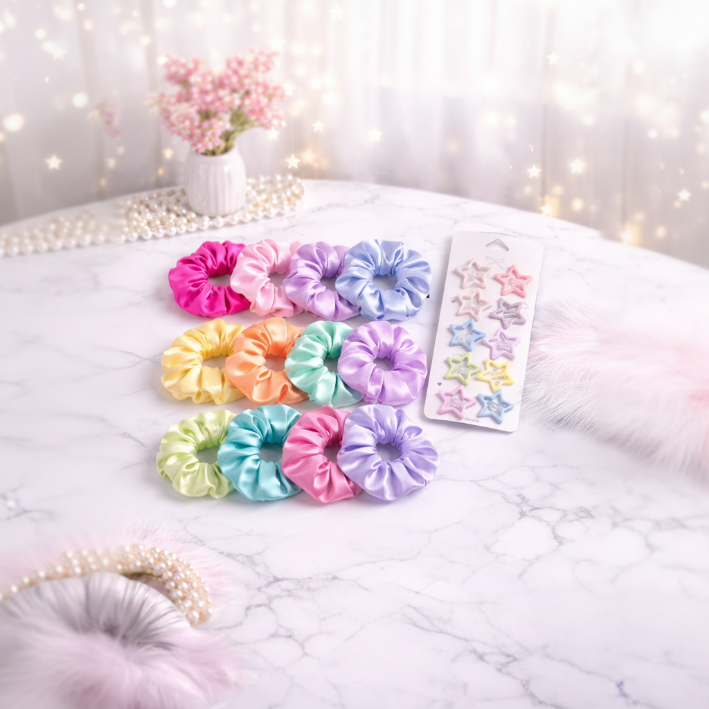 Pastel-colored scrunchies on a marble surface with decorative elements.