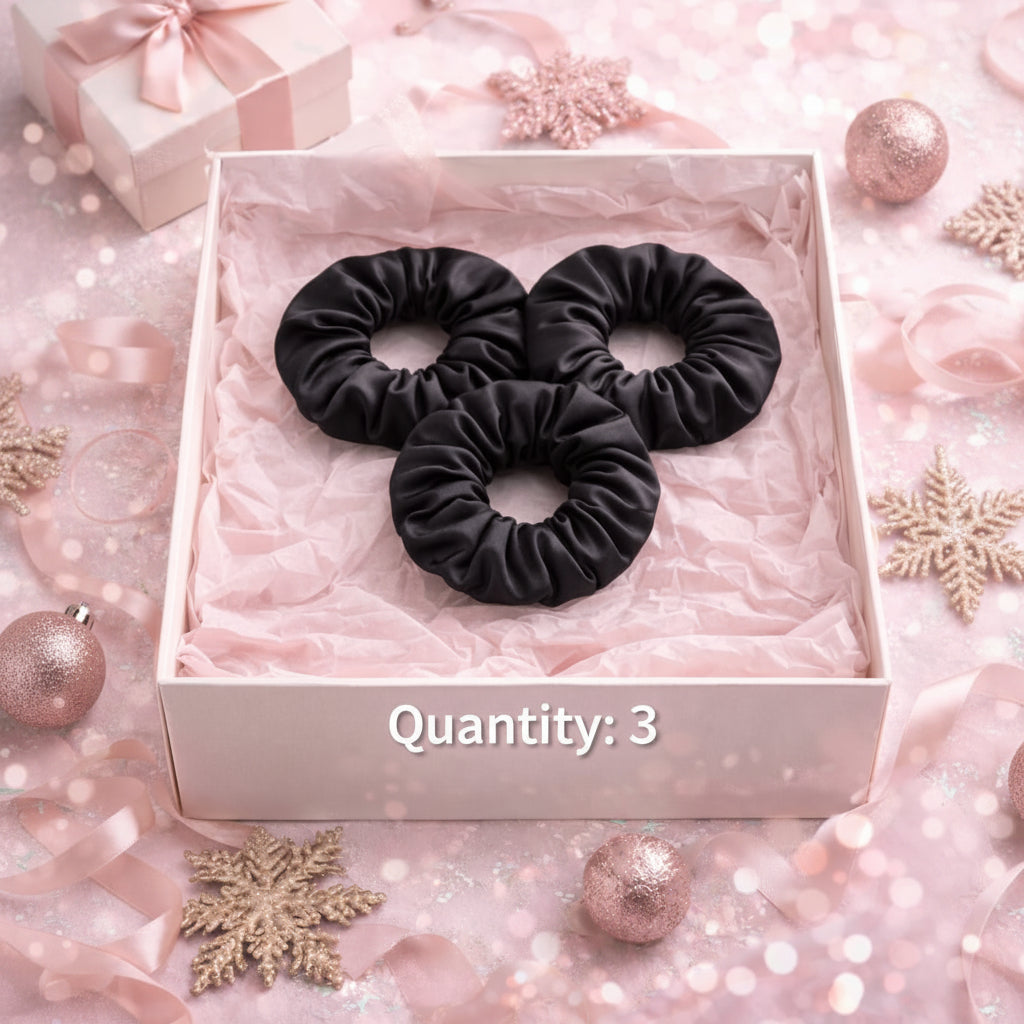 NIYAROQ premium satin scrunchie for women in black, front-facing product shot