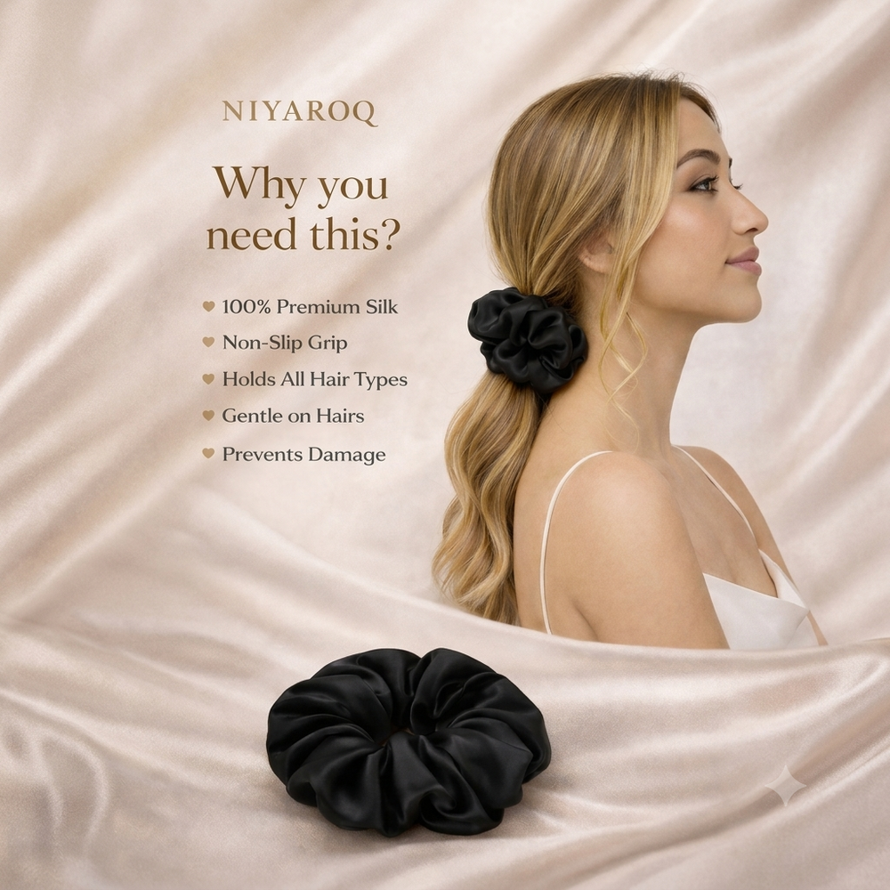 Woman with a black scrunchie on beige fabric, featuring NIYAROQ branding