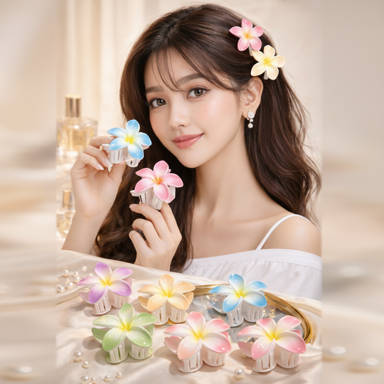 Woman holding colorful flower-shaped hair clips with a neutral background