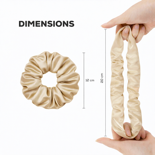 Size guide showing the 12cm diameter and 20cm stretch of the Harshass silk scrunchie