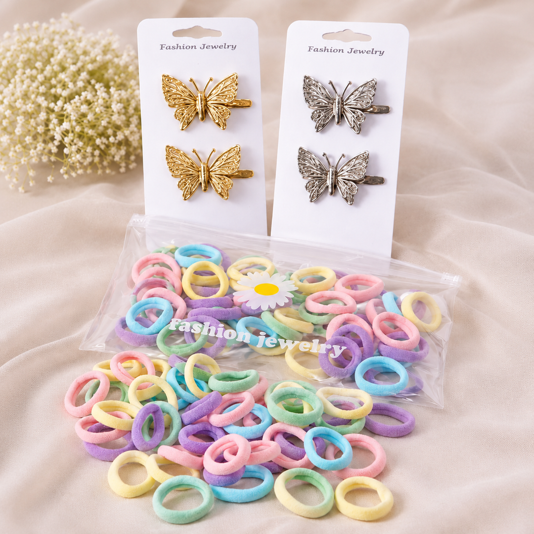NIYAROQ metallic butterfly hair clip pinned close-up detail shot