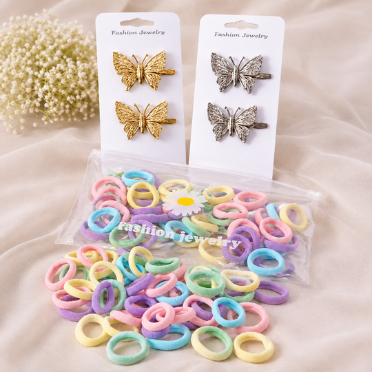 NIYAROQ metallic butterfly hair clip pinned close-up detail shot