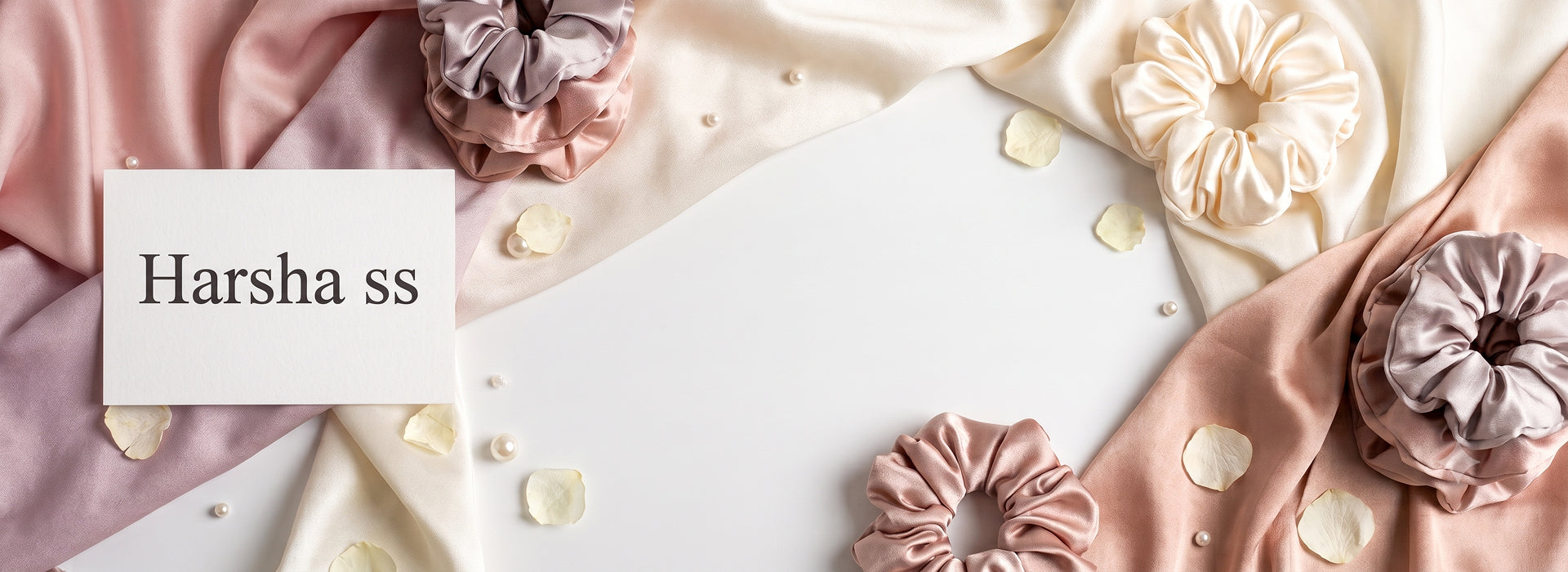 A styled flat-lay featuring several fabric scrunchies in soft blush pink, cream, and mauve tones, arranged on draped satin fabric with scattered rose petals. A white card on the left reads 'Harsha ss'.
