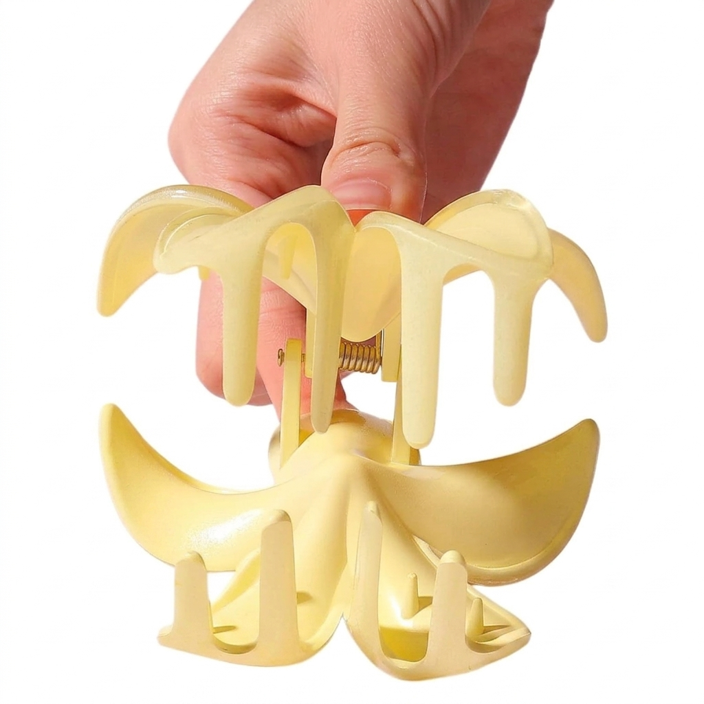 Yellow hair claw clip held by a hand on a white background