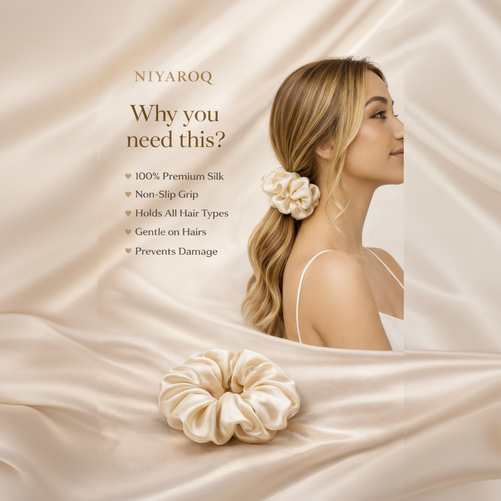 Woman with styled hair and a scrunchie on a beige fabric background, featuring NIYAROQ product details.